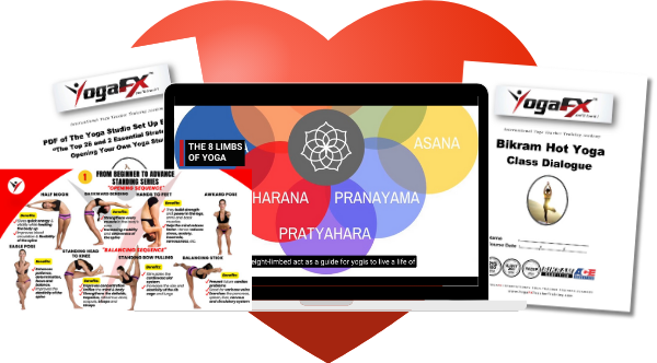 Preview materials from the online course including the Bikram Hot yoga class dialogue and the eight limbs of yoga