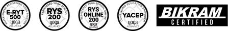 Credential badges shown by YogaFX: E-RYT 500, RYS 200, RYS Online 200, YACEP and Bikram Certified